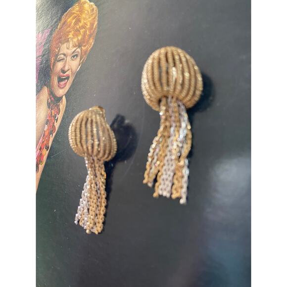 1950s novelty earrings clip on gold and silver novelty mushroom tassel jewelry - Picture 4 of 6